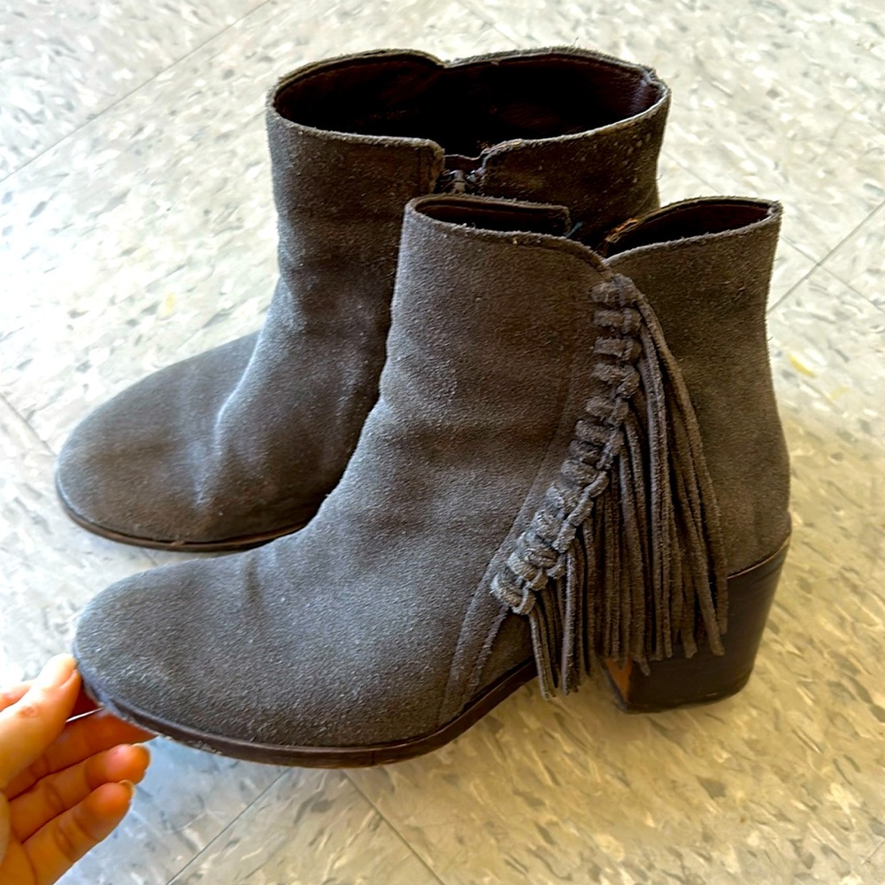 Grey Suede Fringe Booties